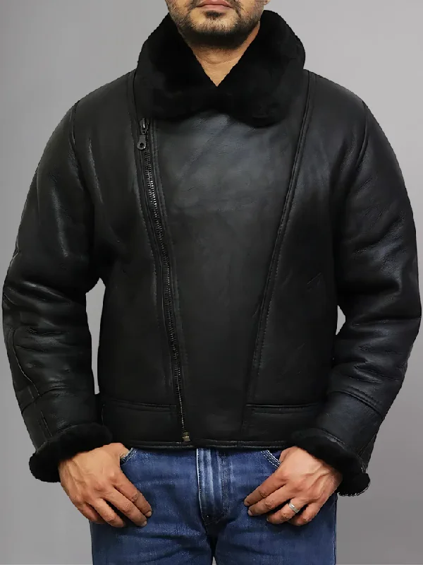 New Mens Black Genuine Sheepskin Shearling Warm Fur Leather Jacket