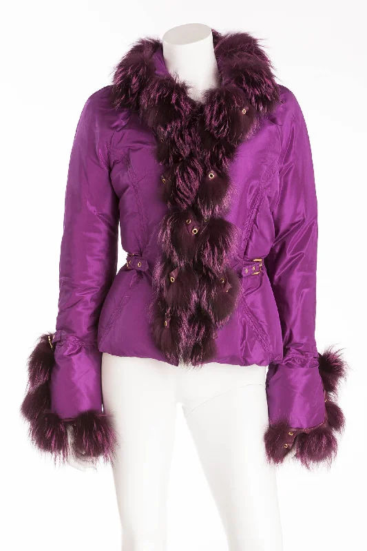 Roberto Cavalli - Purple Down Feather Puffy Jacket with Purple Fur Trim - IT 42