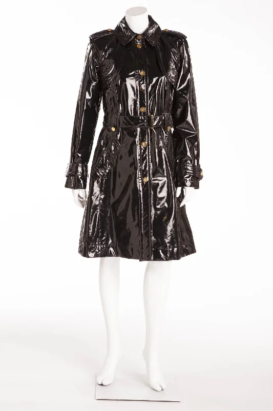 Roberto Cavalli - Black Patent Long Sleeve Coat with Tie Waist - IT 42