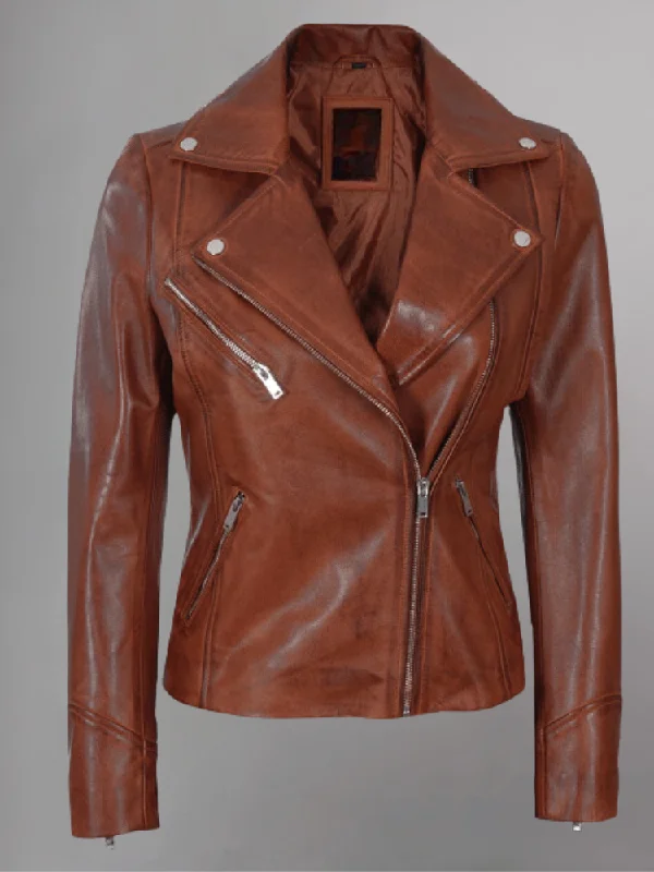 Tan Biker Asymmetrical Ladies Leather Jacket