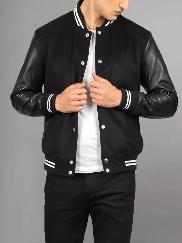 Vaxton Black Striped Hybrid Varsity Jacket