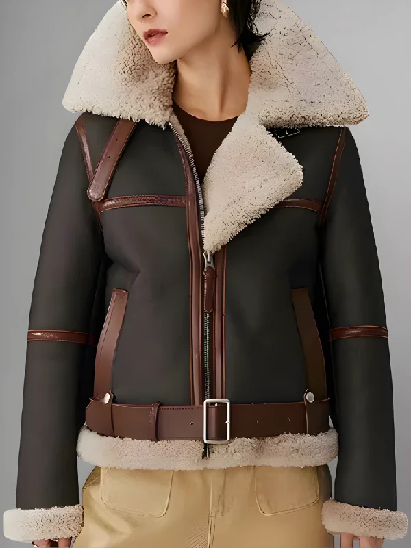 Women B3 Sheepskin Aviator Flight Fur Shearling Short Bomber Jacket