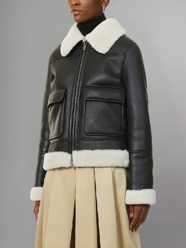 Women’s Black Leather White Shearling Big Collared Jacket