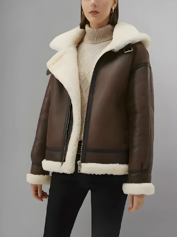 Women’s Chocolate Brown Leather Shearling Removable Hood Coat