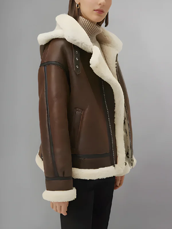 Women’s Chocolate Brown Leather Shearling Removable Hood Coat