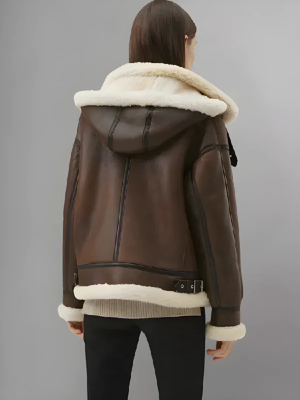 Women’s Chocolate Brown Leather Shearling Removable Hood Coat