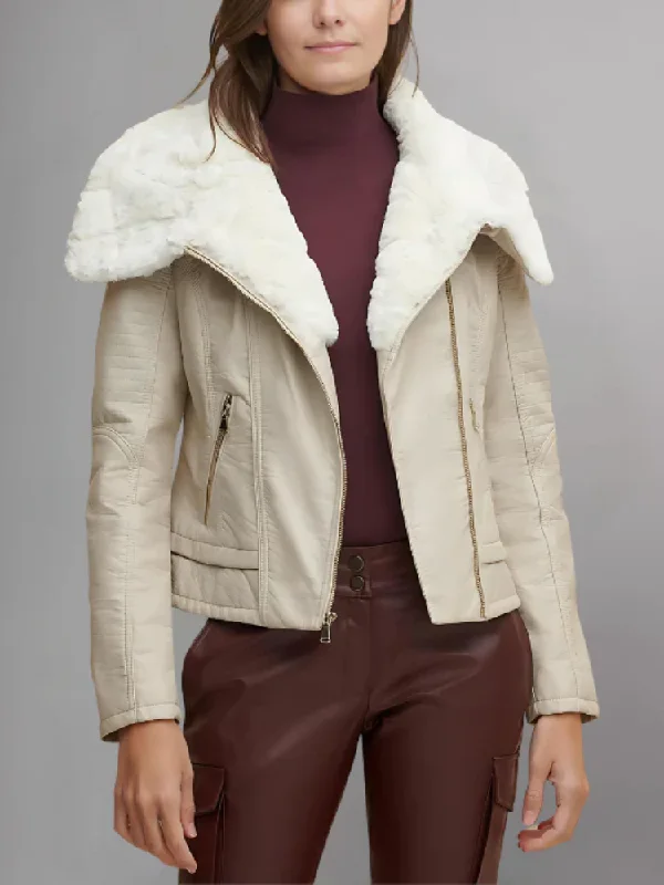 Women’s Cream Beige Leather White Shearling Big Collared Jacket