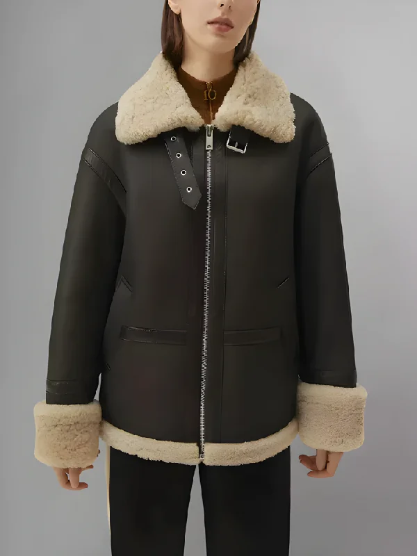 Women’s Matte Black Leather Shearling Big Collar Fur Coat