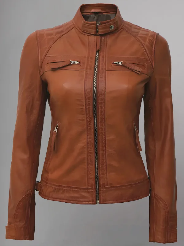 Women Tan Quilted Motorcycle Leather Jacket