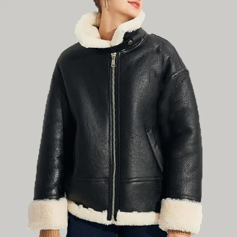 Womens Black Leather Shearling Coat with Lapel Collar