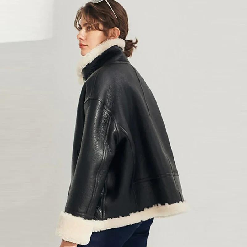 Womens Black Leather Shearling Coat with Lapel Collar