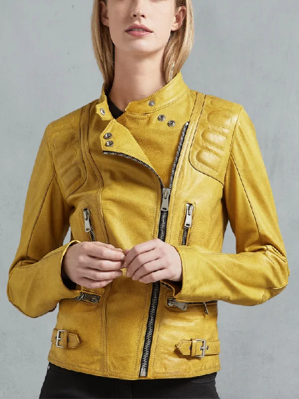 Womens Bright Yellow Biker Leather Jacket