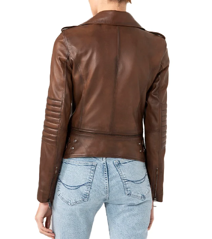 Womens Elegant Brown Biker Style Leather Jacket