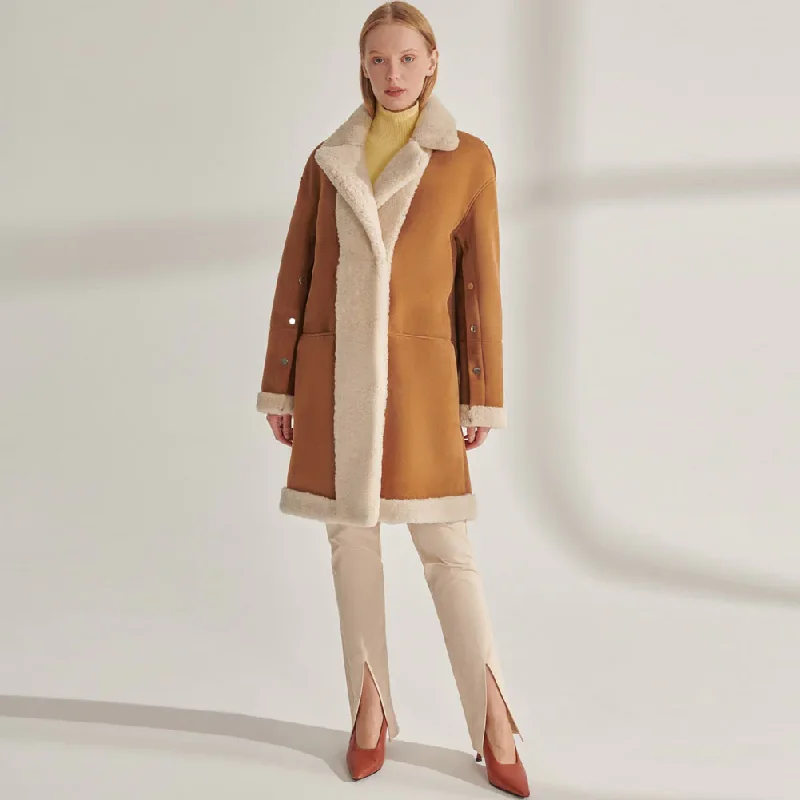 Womens Elegant Suede Leather Shearling Long Coat in Yellow