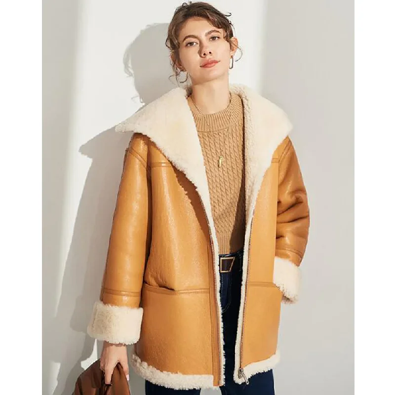 Womens Khaki Shearling Sheepskin Coat