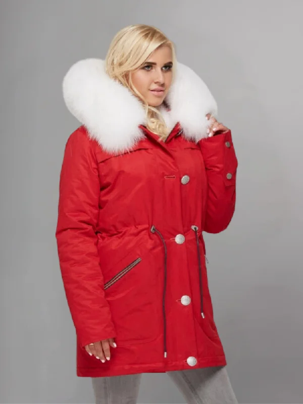 women's Red parka with white fur