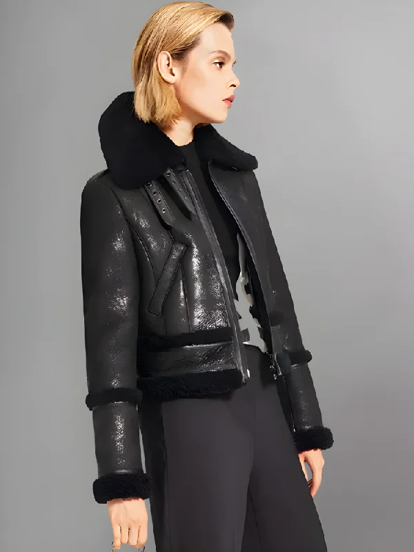 Womens Shearling Moto Jacket Black