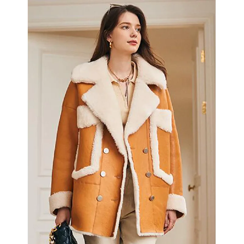 Womens Shearling Sheepskin Aviator Coat