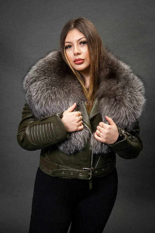 Women's Trey Biker Olive Oversized Fox Collar [Silver Fox Fur]