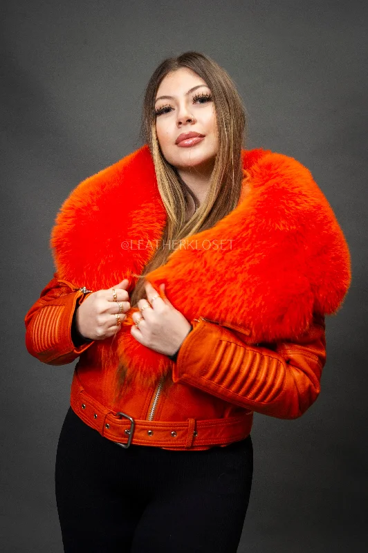 Women's Trey Biker Orange Oversized Fox Collar [Orange Fox]