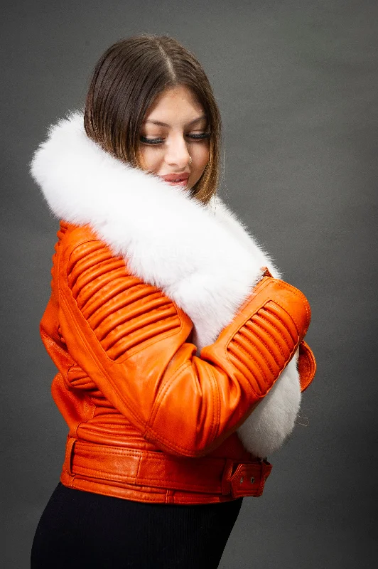 Women's Trey Biker Orange Oversized Fox Collar [Pure White Fox]