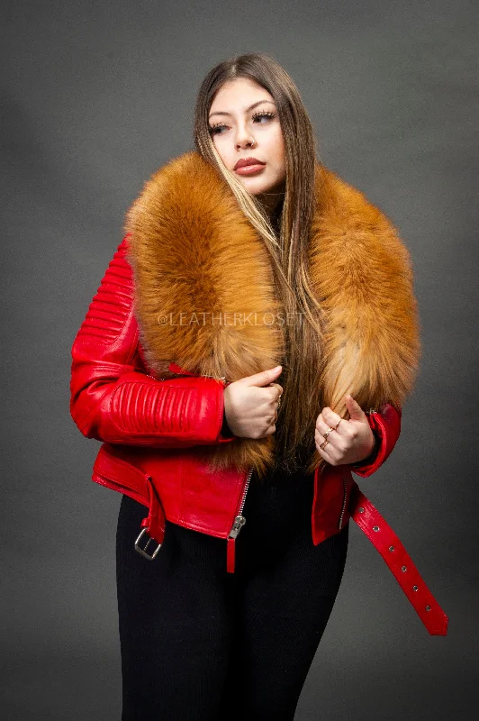 Women's Trey Biker Red Oversized Fox Collar [Red Fox Fur]