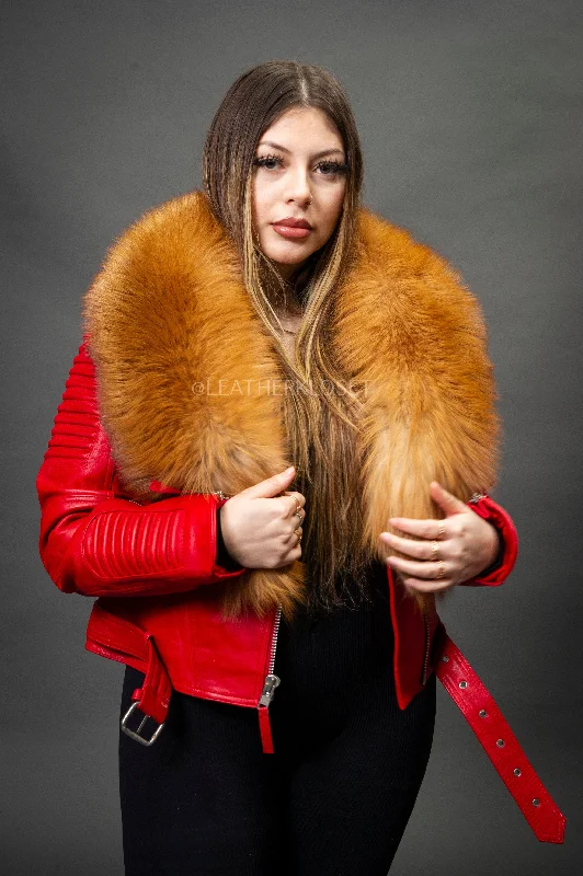 Women's Trey Biker Red Oversized Fox Collar [Red Fox Fur]