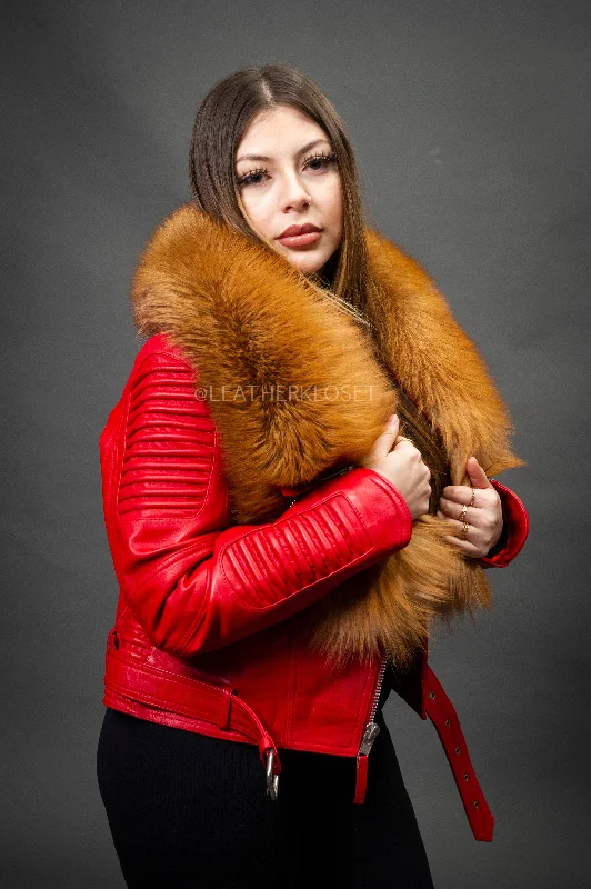 Women's Trey Biker Red Oversized Fox Collar [Red Fox Fur]