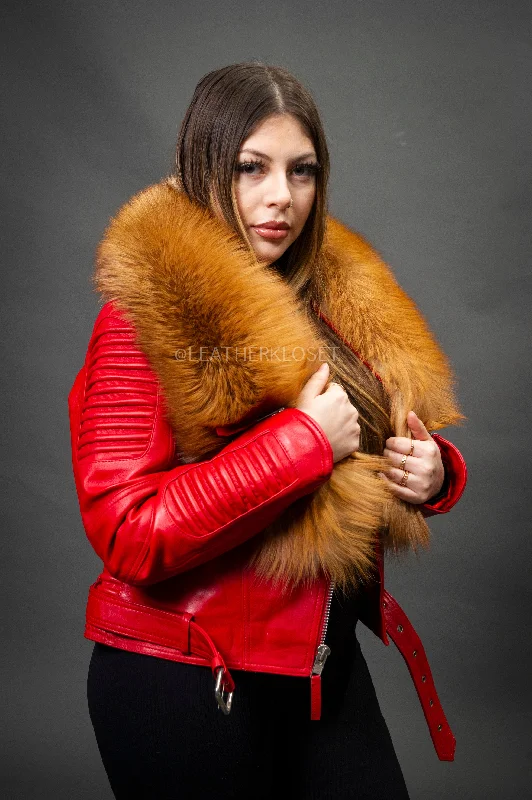 Women's Trey Biker Red Oversized Fox Collar [Red Fox Fur]