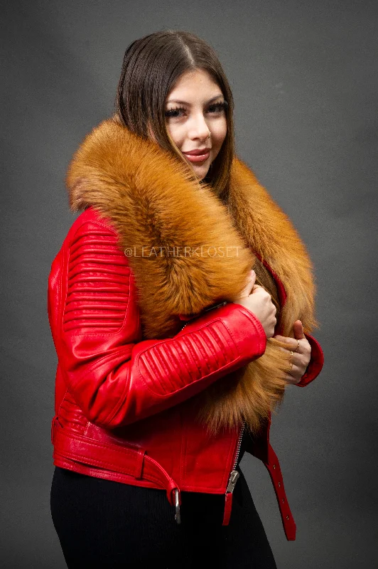 Women's Trey Biker Red Oversized Fox Collar [Red Fox Fur]