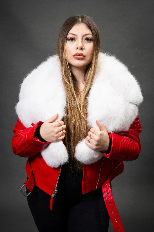 Women's Trey Biker Red Oversized Fox Collar [White Fox Fur]