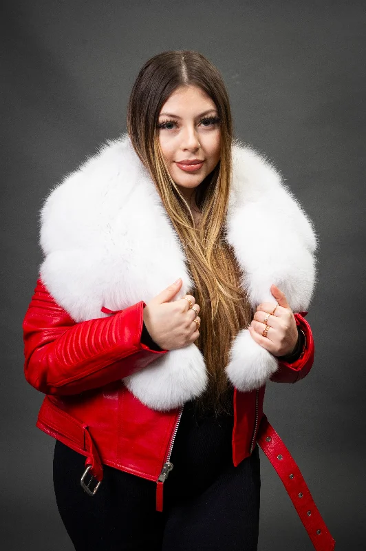 Women's Trey Biker Red Oversized Fox Collar [White Fox Fur]