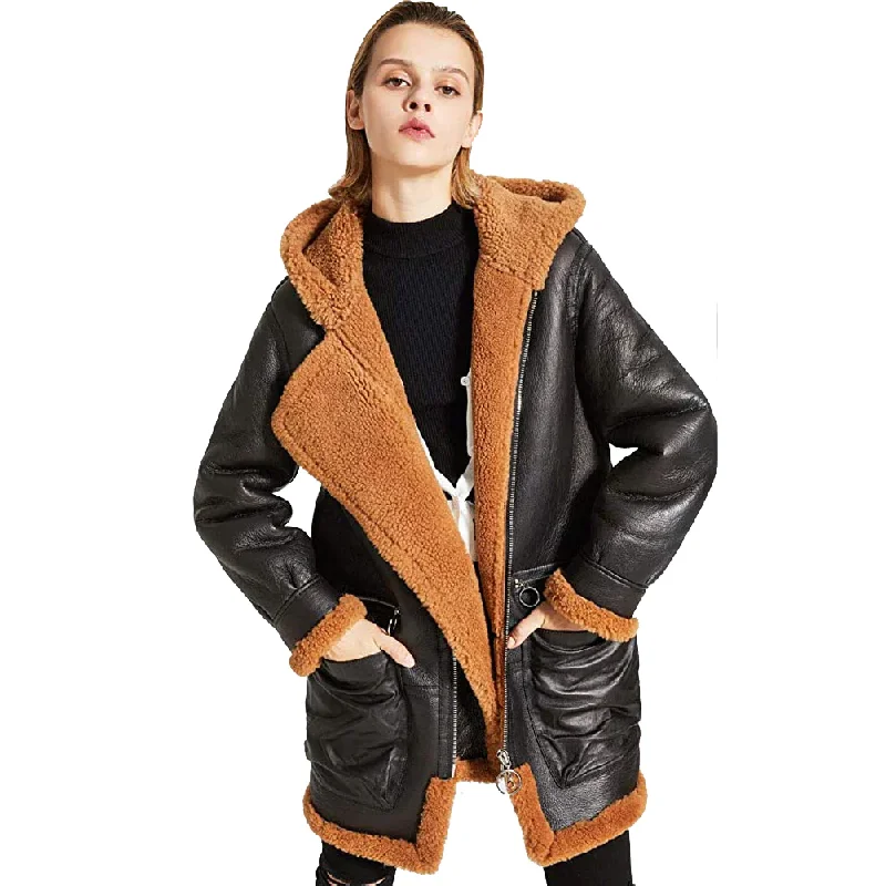 Womens Warm Hooded Sheepskin Shearling Jacket Coat