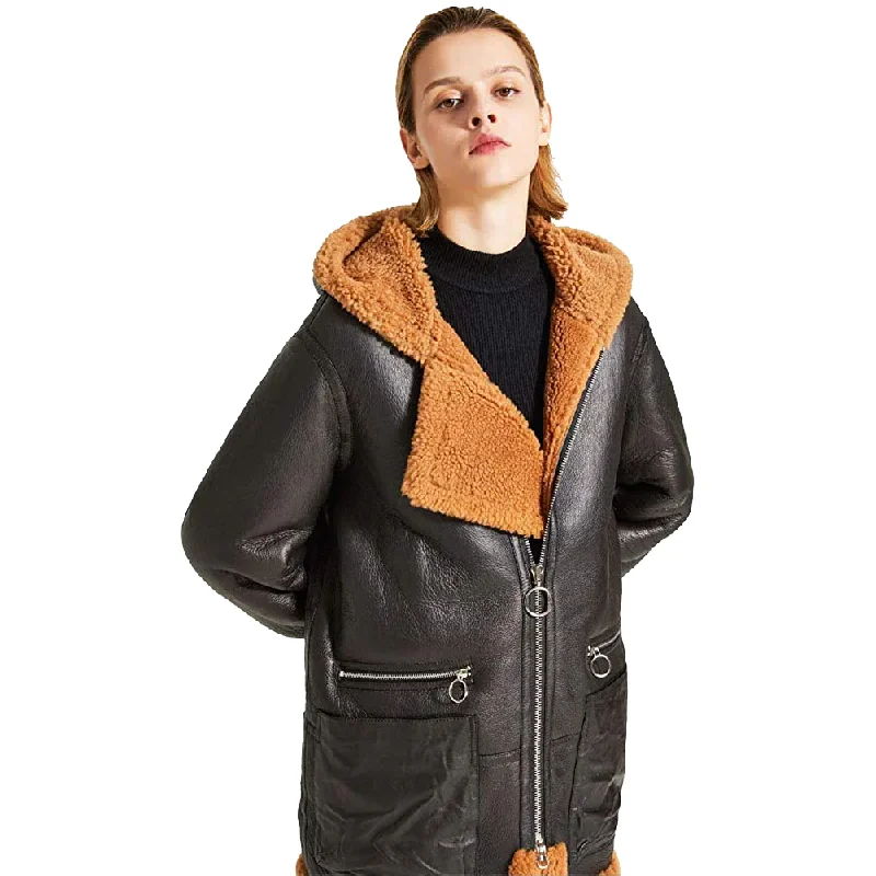 Womens Warm Hooded Sheepskin Shearling Jacket Coat