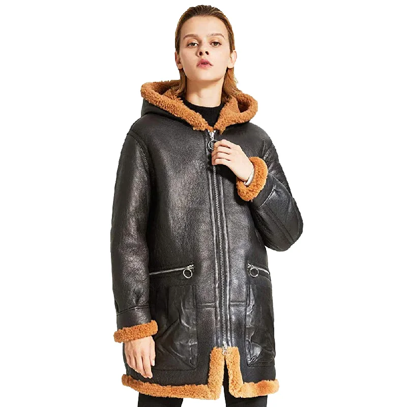 Womens Warm Hooded Sheepskin Shearling Jacket Coat