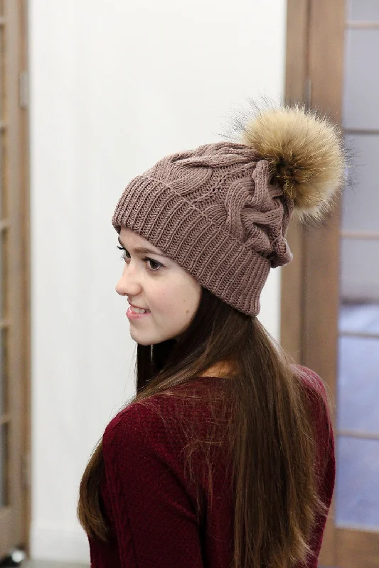 Brown Merino Wool Knitted Hat With Fur Pom Pom