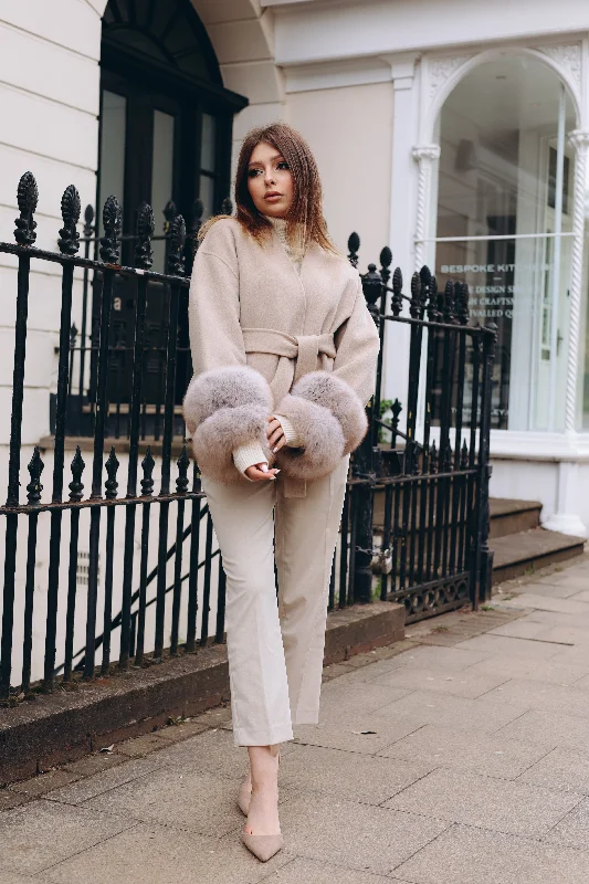 LUXY CASHMERE & FOX FUR  & DOUBLE CUFFED COAT - TAUPE