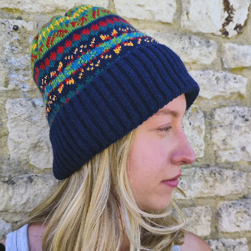 Dark blue fleece lined Fairisle hat