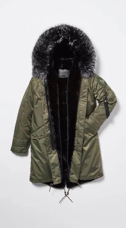 Womens Khaki Water-Repellent Luxy Fur Parka - 3/4 Black Mist