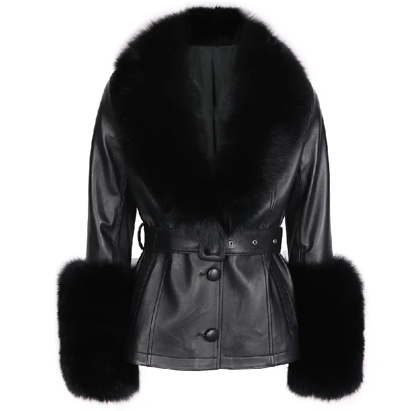 Real Fox Fur Collar Leather Jacket Women