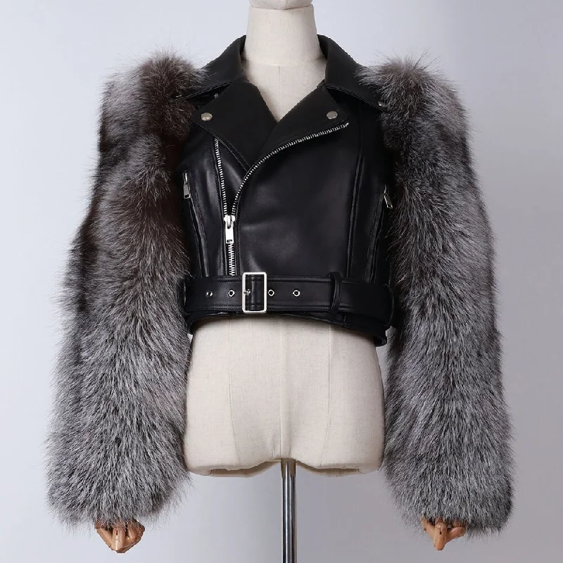 Real Fox Fur Sleeve Crocodile Pattern Leather Jacket Women