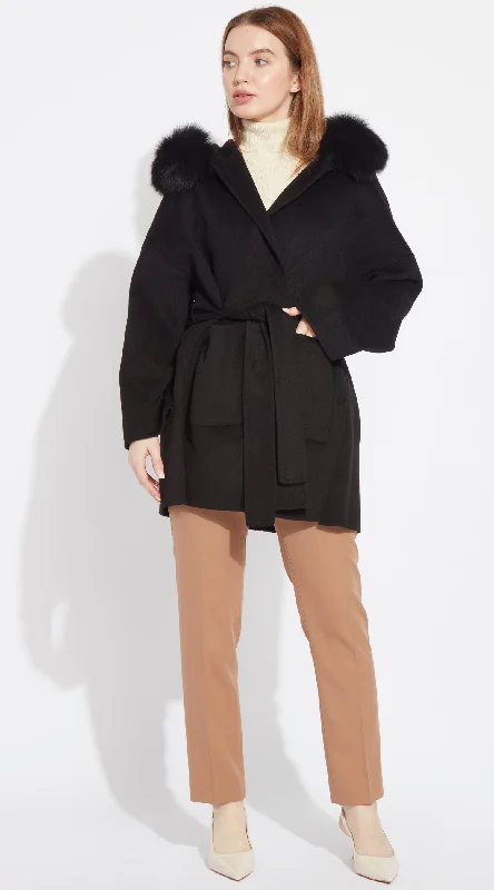 The London Cashmere & Fox Fur Belted Coat - Black