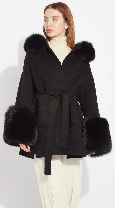 The London Cashmere & Fox Fur Belted/Cuffed Coat - Black