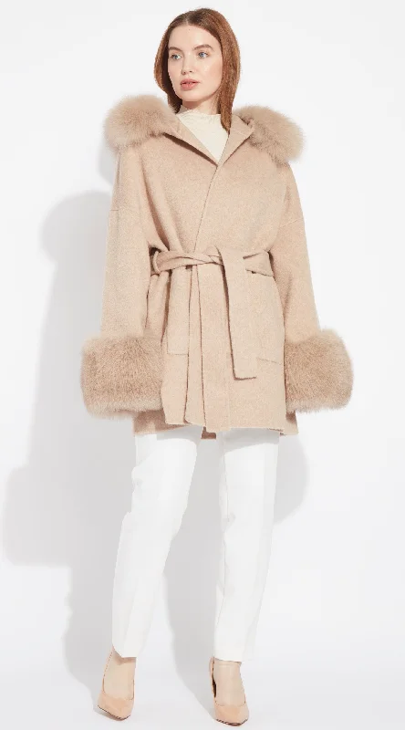 The London Cashmere & Fox Fur Belted/Cuffed Coat - Golden Beige