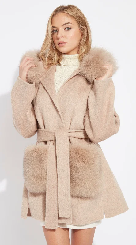 The London Cashmere & Fox Fur Hood & Pockets Belted Coat - Golden Beige