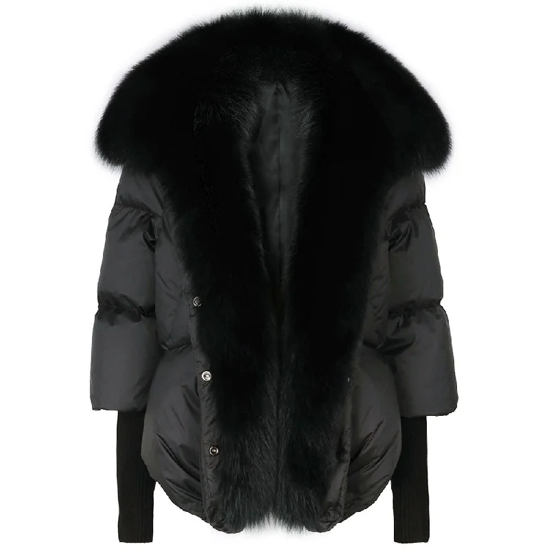 Warm Real Fox Fur Collar Black Down Coat