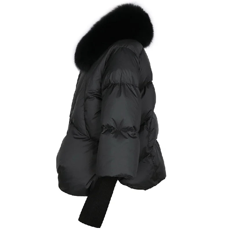 Warm Real Fox Fur Collar Black Down Coat