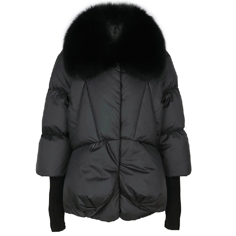 Warm Real Fox Fur Collar Black Down Coat