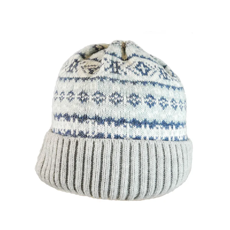 Grey and blue Winter patterned fleece lined hat