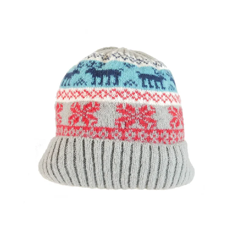 Grey and red Winter patterned fleece lined hat